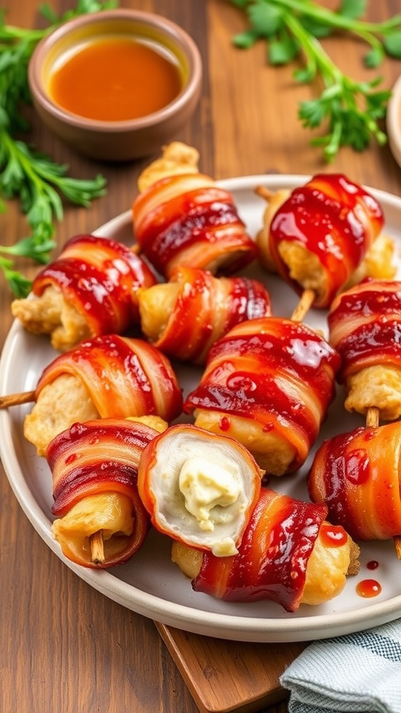 Plate of sweet and spicy bacon wrapped chicken bites, with a glossy glaze and crispy edges.